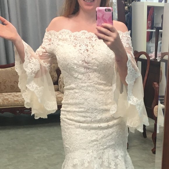 NWT Poet Sleeve Lace Blush/Ivory Wedding Dress - Picture 9 of 16